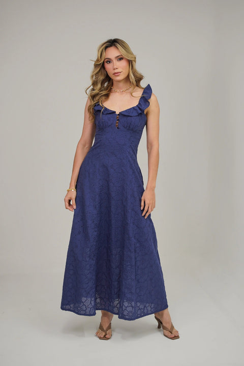 VESTIDO LARGO EN OJALILLO CON DETALLE EN TIRAS, ESCOTE DELICADO Y BOLSILLOS REF 1506