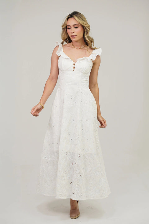 VESTIDO LARGO EN OJALILLO CON DETALLE EN TIRAS, ESCOTE DELICADO Y BOLSILLOS REF 1506