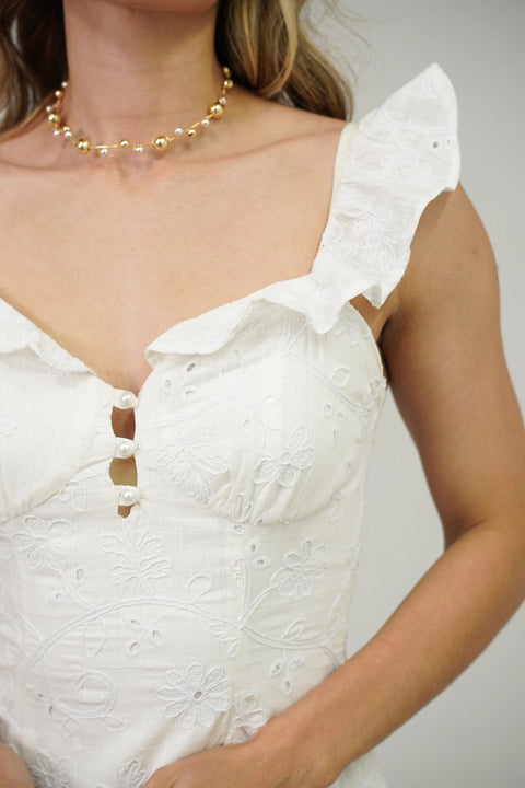 VESTIDO LARGO EN OJALILLO CON DETALLE EN TIRAS, ESCOTE DELICADO Y BOLSILLOS REF 1506