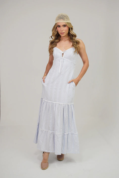 VESTIDO LARGO CON FALDA TIERED, ESCOTE DELICADO Y BOLSILLOS REF 1503