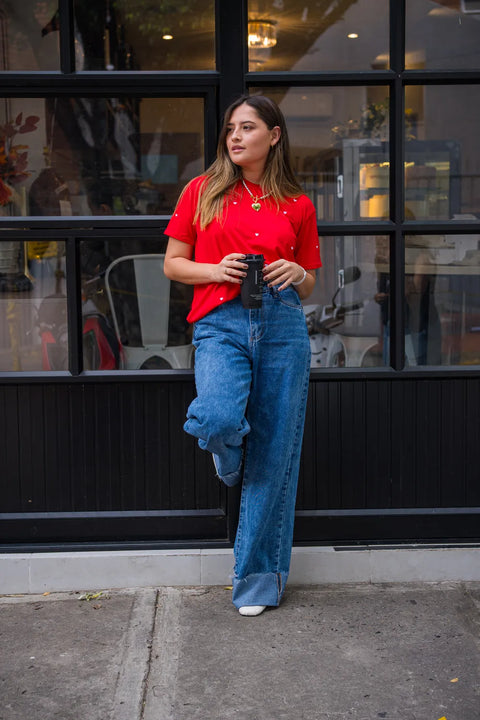 CAMISETA LARGA BORDADA CORAZONES BLANCOS REF 013549