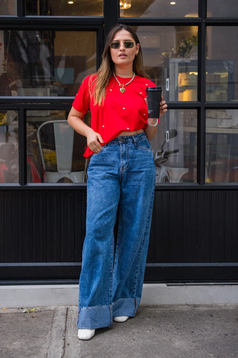 CAMISETA LARGA BORDADA CORAZONES BLANCOS REF 013549