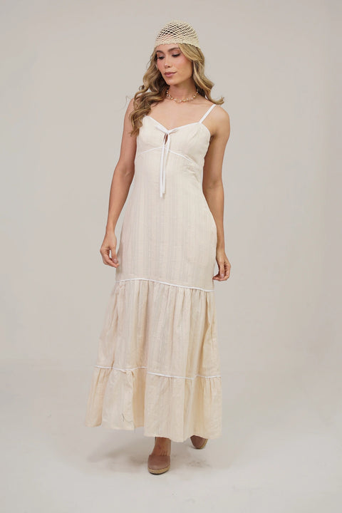 VESTIDO LARGO CON FALDA TIERED, ESCOTE DELICADO Y BOLSILLOS REF 1503