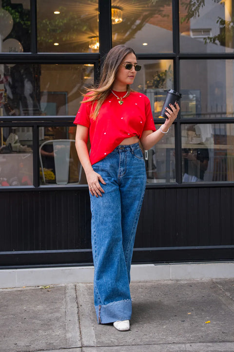 CAMISETA LARGA BORDADA CORAZONES BLANCOS REF 013549