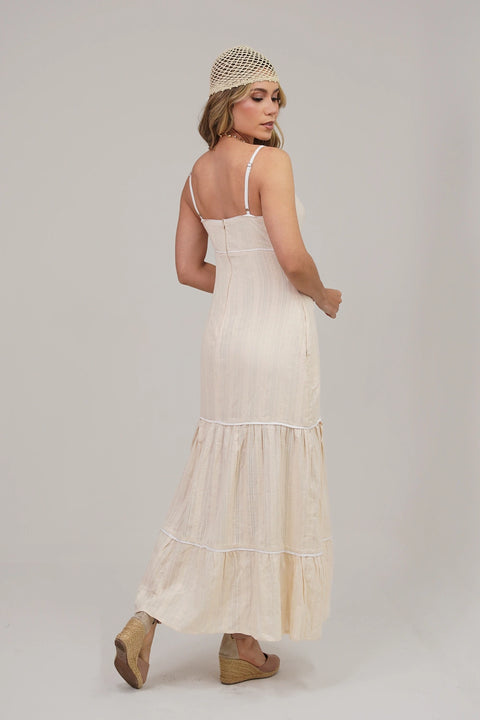 VESTIDO LARGO CON FALDA TIERED, ESCOTE DELICADO Y BOLSILLOS REF 1503