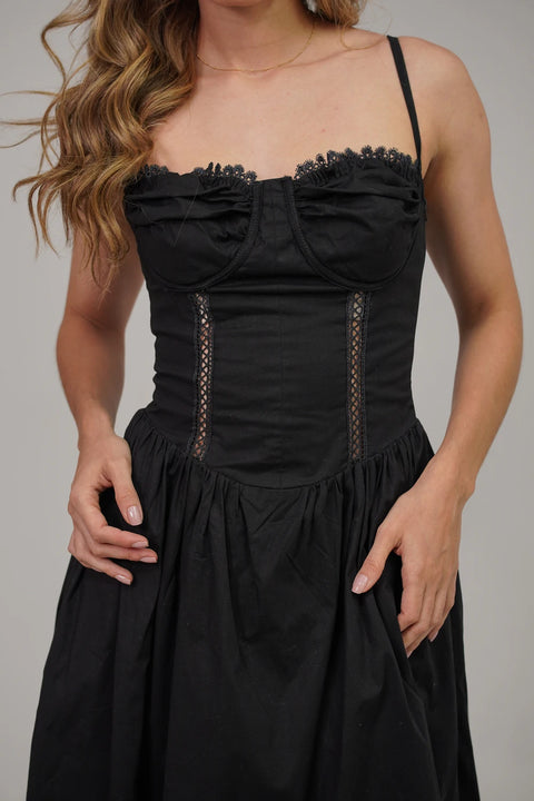 VESTIDO LARGO ESTILO CORSET CON ENCAJE FRONTAL Y FRUNCIDO EN LA ESPALDA REF 1504