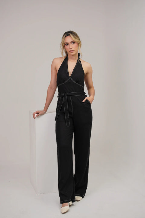 ENTERIZO HALTER DE BOTA ANCHA CON CINTURÓN DE LAZO Y COSTURAS A CONTRASTE REF 1601