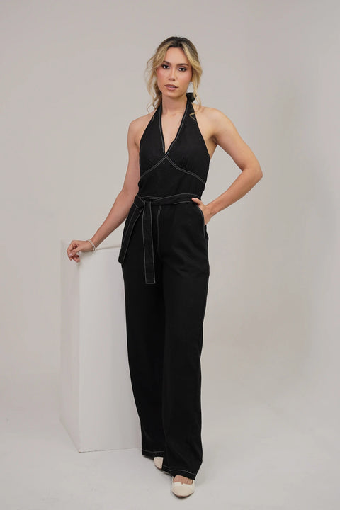 ENTERIZO HALTER DE BOTA ANCHA CON CINTURÓN DE LAZO Y COSTURAS A CONTRASTE REF 1601