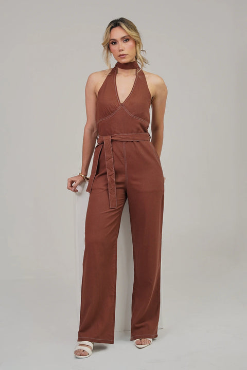 ENTERIZO HALTER DE BOTA ANCHA CON CINTURÓN DE LAZO Y COSTURAS A CONTRASTE REF 1601