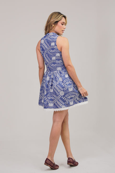 VESTIDO CORTO DE CHAMBRAY BORDADO ESTILO CAMISERO CON DETALLES EN ENCAJE REF 1507