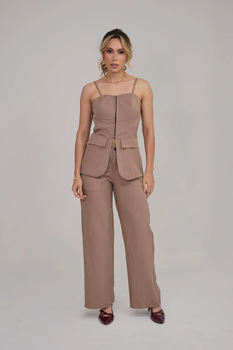 SET DE PANTALÓN WIDE LEG Y CORSÉ ESTILO CHALECO DE SASTRE CON TIRAS REF 1424