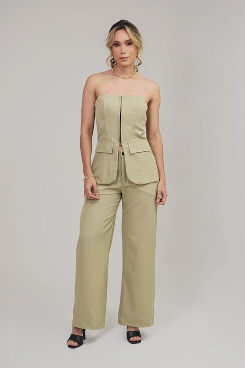 SET DE PANTALÓN WIDE LEG Y CORSÉ ESTILO CHALECO DE SASTRE CON TIRAS REF 1424