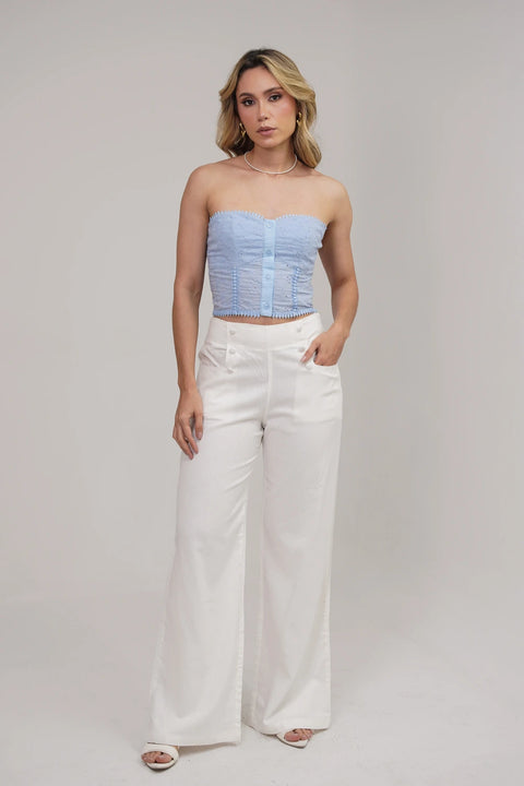 TOP STRAPLESS DE OJALILLO CON DETALLE DE BOTONES Y AJUSTE ELASTICO EN LA ESPALDA REF 0515