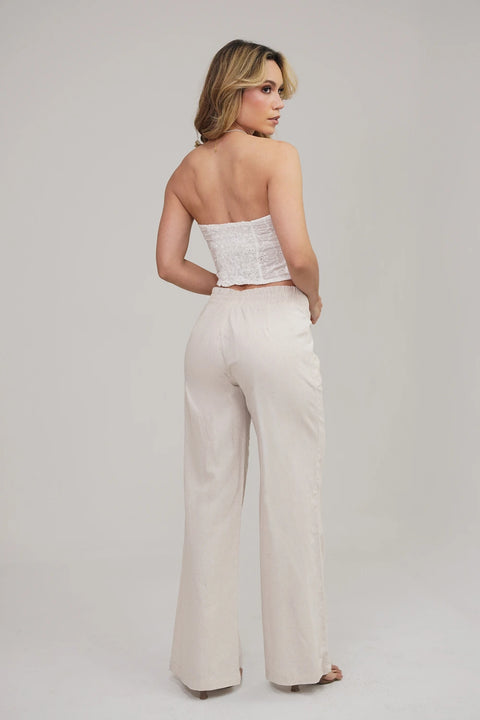 PANTALÓN DE LINO CON BOTONES DECORATIVOS Y PRETINA ELÁSTICA TRASERA REF 0431