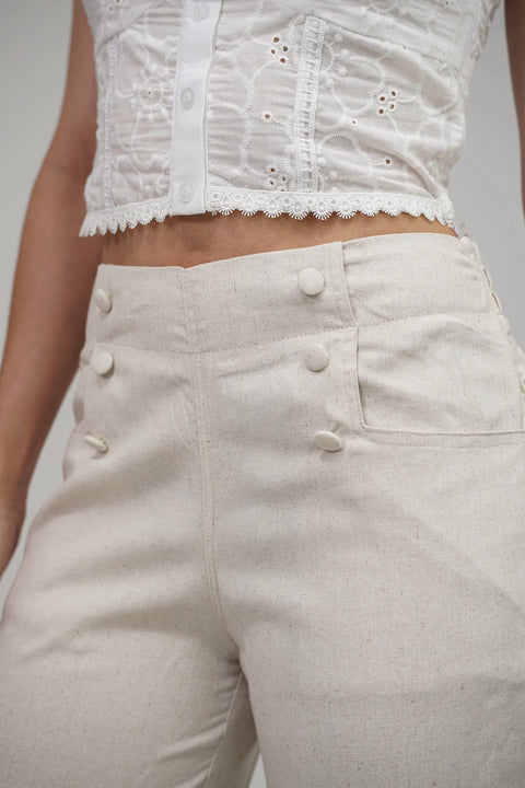 PANTALÓN DE LINO CON BOTONES DECORATIVOS Y PRETINA ELÁSTICA TRASERA REF 0431