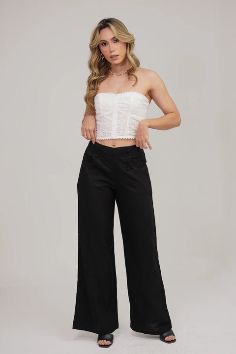 PANTALÓN DE LINO CON BOTONES DECORATIVOS Y PRETINA ELÁSTICA TRASERA REF 0431