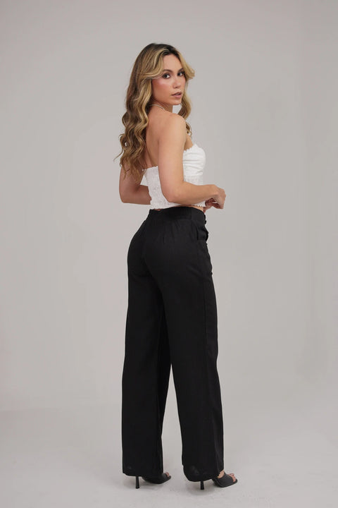 PANTALÓN DE LINO CON BOTONES DECORATIVOS Y PRETINA ELÁSTICA TRASERA REF 0431