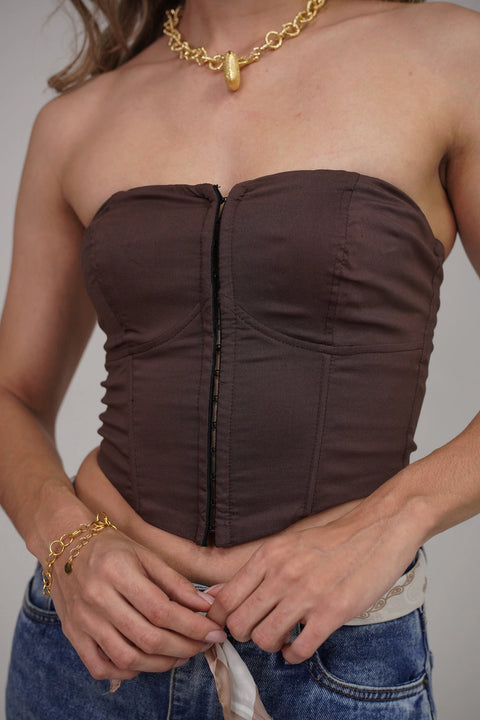 TOP CORSÉ STRAPLESS CON BROCHES FRONTALES Y DISEÑO CON VARILLAS REF 0514