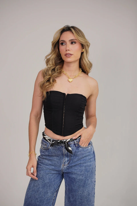 TOP CORSÉ STRAPLESS CON BROCHES FRONTALES Y DISEÑO CON VARILLAS REF 0514