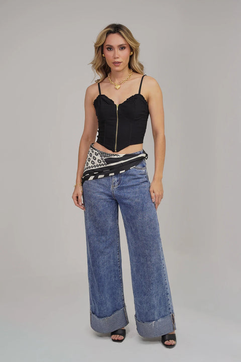 TOP CORSÉ DE TIRANTES CON CREMALLERA DORADA FRONTAL Y RIBETE FRUNCIDO REF 0517