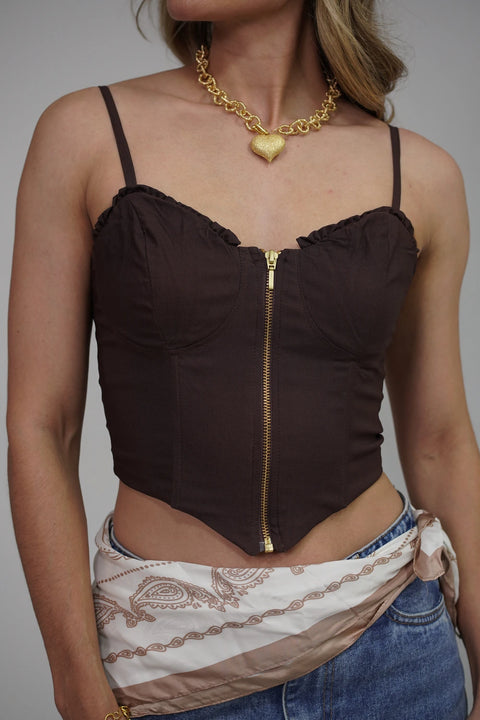 TOP CORSÉ DE TIRANTES CON CREMALLERA DORADA FRONTAL Y RIBETE FRUNCIDO REF 0517