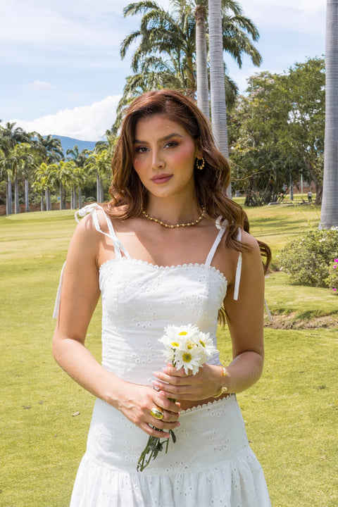 SET DE OJALILLO CON FALDA LARGA Y TOP DE TIRAS FRUNCIDO EN ESPALDA Y CIERRE REF 1425