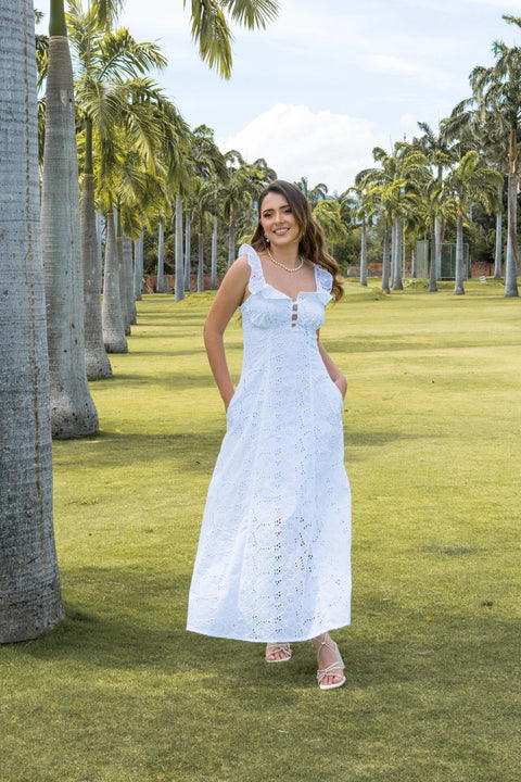 VESTIDO LARGO EN OJALILLO CON DETALLE EN TIRAS, ESCOTE DELICADO Y BOLSILLOS REF 1506