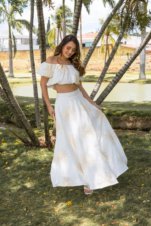 SET DE FALDA LARGA Y TOP OFF SHOULDER CON BORDADOS FLORALES REF 1429