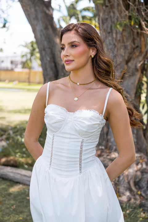 VESTIDO LARGO ESTILO CORSET CON ENCAJE FRONTAL Y FRUNCIDO EN LA ESPALDA REF 1504