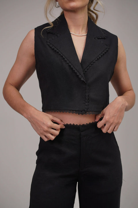 SET DE CHALECO CROPPED CON SOLAPA Y PANTALÓN BOTA ANCHA REF 1428