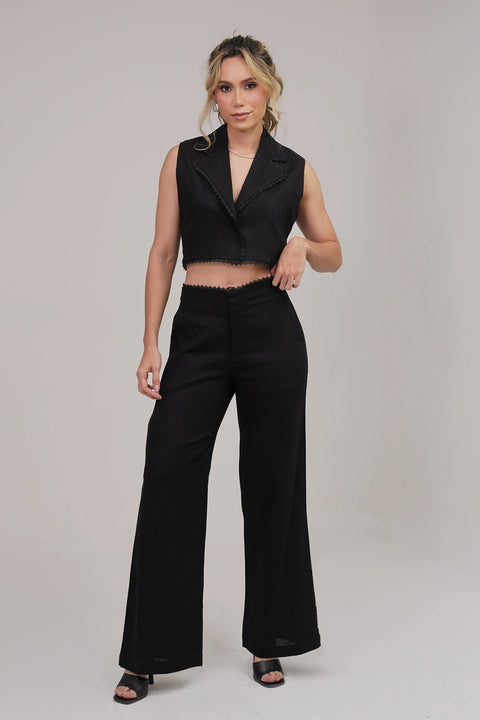 SET DE CHALECO CROPPED CON SOLAPA Y PANTALÓN BOTA ANCHA REF 1428