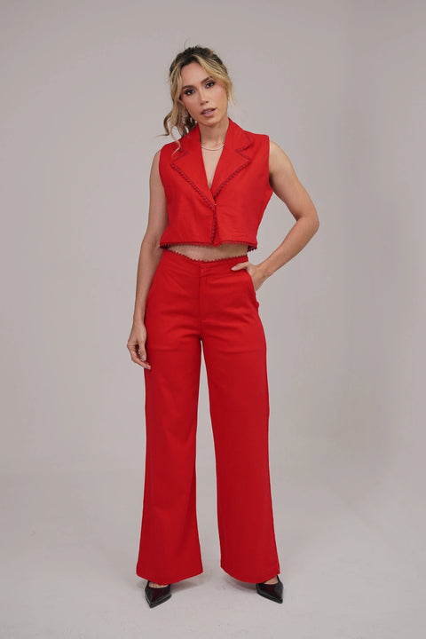 SET DE CHALECO CROPPED CON SOLAPA Y PANTALÓN BOTA ANCHA REF 1428